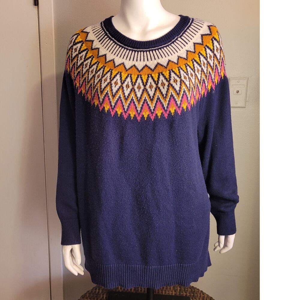 Old Navy Fair Isle Sweater 2X Navy Nordic Yoke Plus Size Cozy Winter Holiday